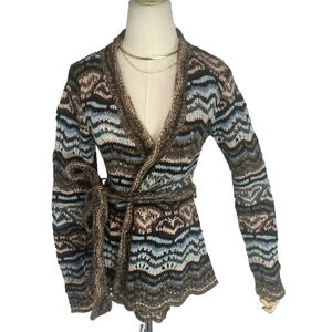 Anthropologie MOTH Crochet Cardigan Sweater Medium Belted Jacquard Scallop Wrap